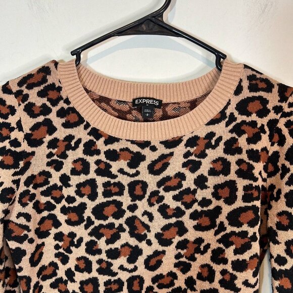 Express Animal Print Sweater S Womens Tan Black Brown Pullover Size Small Petite - Picture 3 of 10